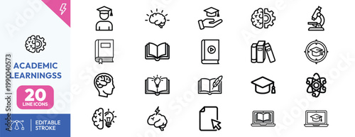 Collection of twenty academic learning icons featuring student brain development science education and online graduation