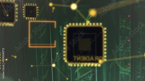 Bright yellow orb entering along line, large 3D chip pulsing and inverting ID, showing data flow