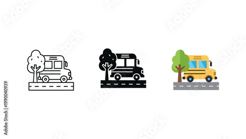 A classic yellow school bus parked next to a green tree on a road, representing transportation and education, is shown in different artistic styles.