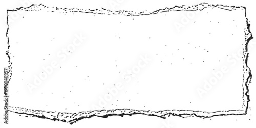 Black and white grunge texture with rough edges on white background.