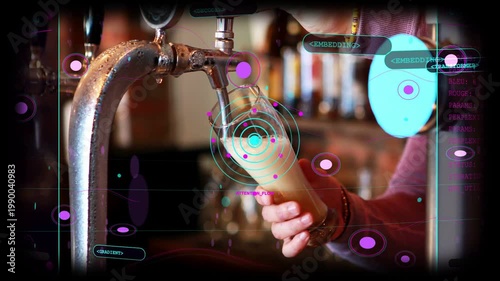 Vertical video: Tilting hand opening tap, pouring beer, filling pint, HUD overlay, red sleeve watch