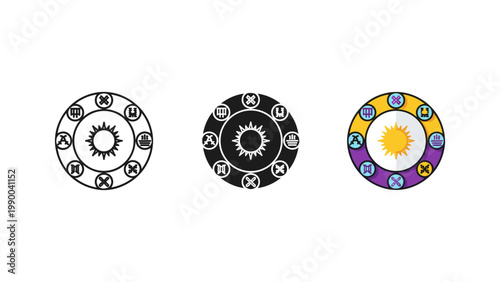 A photographic camera mode dial with a prominent sun setting, symbolizing various shooting settings, is depicted in multiple styles.