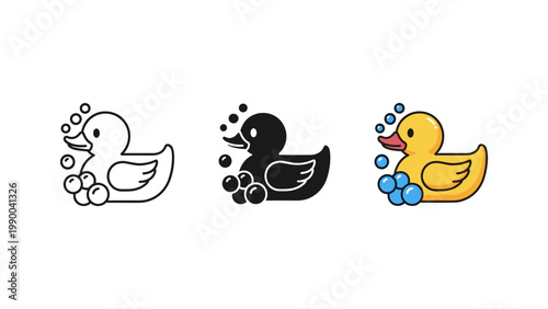 A charming rubber duck with soap bubbles is presented in three distinct illustrative styles on a clean white background.