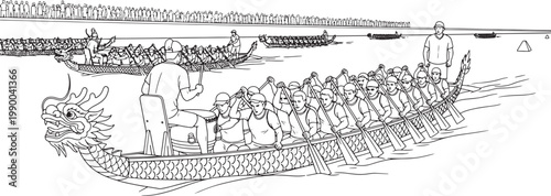 Black and White Vector Illustration of a Traditional Dragon Boat Race Competition