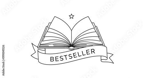 Open Book with Bestseller Ribbon and Star Icon - Vector Illustration