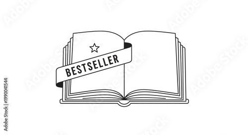 Open Book With Bestseller Ribbon and Star Icon - Vector Illustration