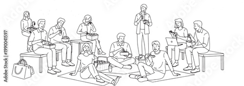 Diverse Group of People Enjoying Outdoor Lunch Break in City Park Illustration