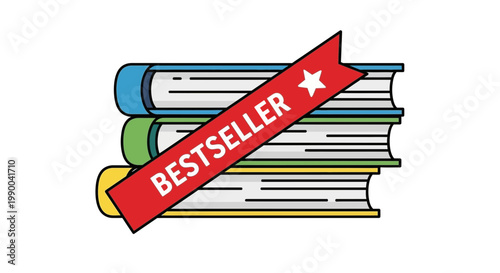 Stack of Books with Red Bestseller Ribbon and Star