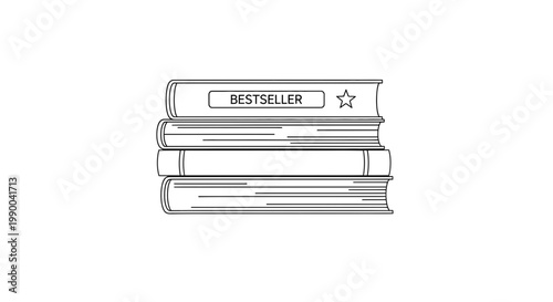Stack of Books, Bestseller Label and Star Icon, Simple Line Art Illustration