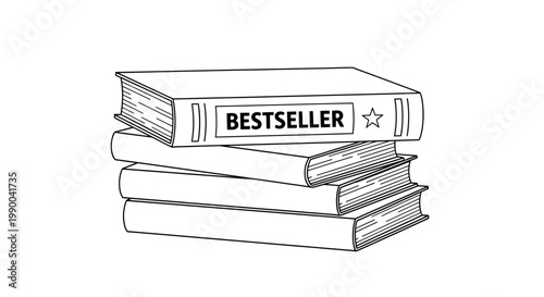 Stack of Books, Top Book Labeled "Bestseller" with Star Icon - Line Art