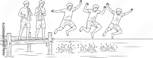 Group of Boys Jumping from Wooden Pier into Water Vector Illustration