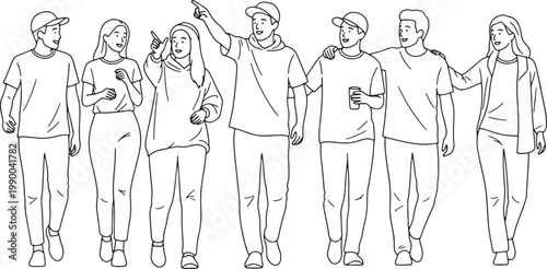 Group of Diverse Young Friends Walking Together Line Art Vector Illustration