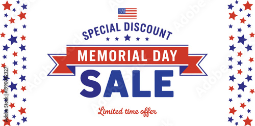Memorial day sale header with side stars, vector banner design for patriotic promotion and retail marketing.