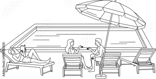 People Relaxing by Swimming Pool Vector Illustration Line Art Design