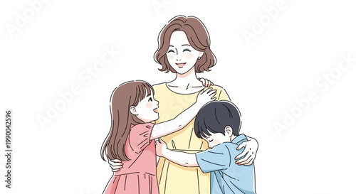 Celebrating Mothers Day with family, a smiling mother is tenderly embraced by her young daughter and son in a heartwarming scene, depicted with delicate linework and a clean white