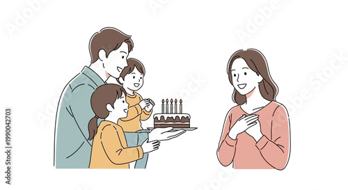 A minimalist illustration shows a family celebrating Mothers Day, with two children presenting a chocolate cake adorned with lit candles to their smiling mother against a clean white
