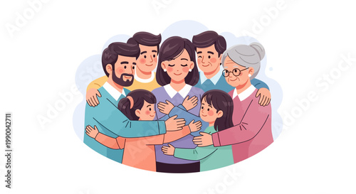 Celebrating Mothers Day with family, a heartwarming illustration features a multigenerational group embracing their mother figure against a soft, abstract background in a cheerful