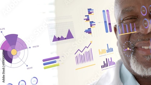 Senior doctor viewing health data, moving charts layering near face, smiling for diagnosis