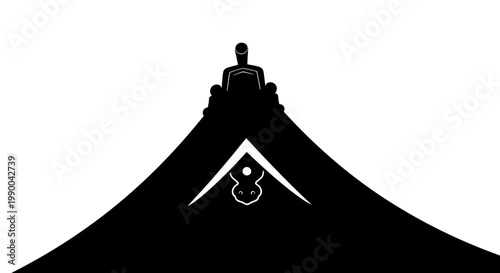 Minimalist vector silhouette of a train on mountain peak with bat