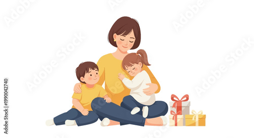 To celebrate Mothers Day with family, a loving mother embraces her young daughter and son in a heartwarming scene with gifts nearby, set against a clean white background and rendered