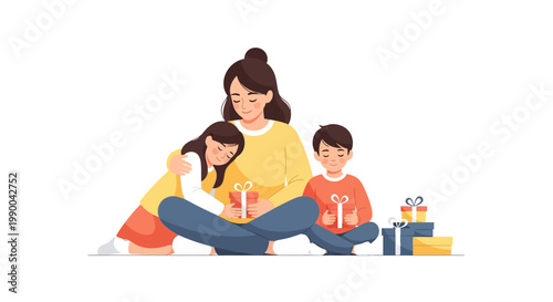 Celebrating Mothers Day with family, a loving mother sits cross-legged, embracing her daughter while her son presents gifts, all in a heartwarming scene with a clean white background