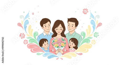 A heartwarming illustration depicts a Celebration of Mothers Day with family, featuring a mother holding a bouquet, surrounded by her husband and two children, against a white background