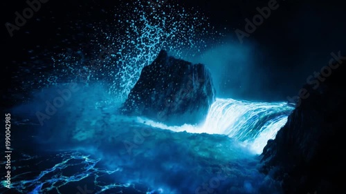 燐光波しぶき・岩場衝突・スローモーション夜間発光爆発