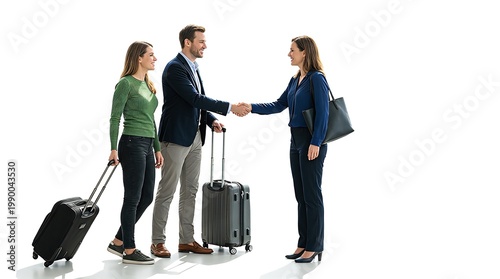 Couple arriving at hotel and greeting receptionist with luggage