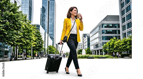 Successful Businesswoman in Yellow Jacket Walks With Rolling Suitcase and Coffee Cup Past Modern Office Buildings