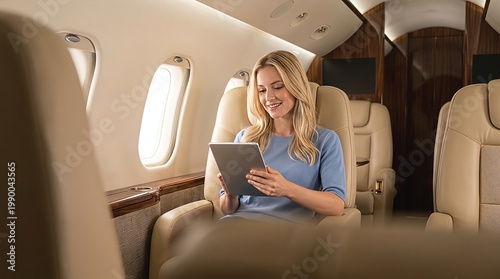 Young professional woman smiling and focused on her tablet, enjoying a comfortable and productive journey in a luxurious private jet