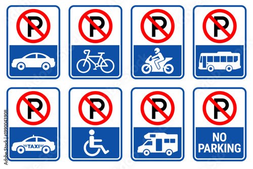Parking sign set. Parking sign car, bicycle, motorcycle, bus, disabled person, campervan, visitor parking signboard. Vector illustration.