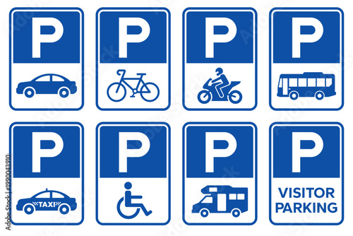 Parking sign set. Parking sign car, bicycle, motorcycle, bus, disabled person, campervan, visitor parking signboard. Vector illustration.