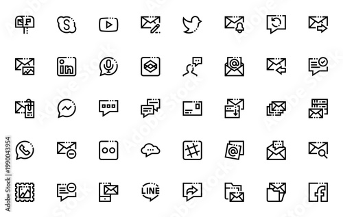 Social and Communication Icon Set. Minimal Vector Icons for Mailbox, Skype, YouTube, Email, Twitter, Chat, LinkedIn, WhatsApp, Facebook, Messenger and More.