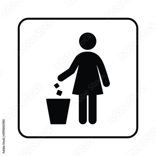 Instruction sign showing proper waste disposal. Pictogram of person throwing trash into bin. Ideal for public places, restrooms, offices, parks, and facilities to encourage cleanliness and hygiene. Cl