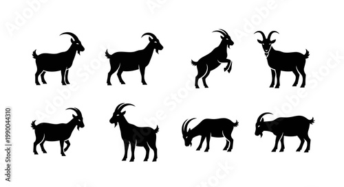 Collection of eight black goat silhouettes in various poses, perfect for farm animal vector icons and wildlife illustrations suitable for branding