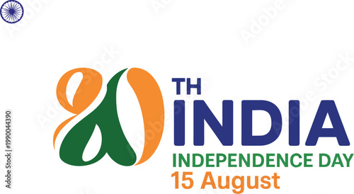 India 80th independence anniversary logotype, vector typography design with patriotic tricolor theme for national celebration branding.