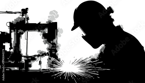 silhouette of a welder on working area