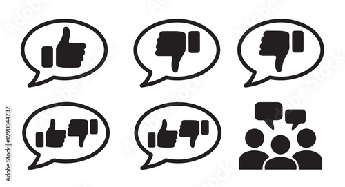 Social media reaction icons with like dislike thumbs and group symbols.