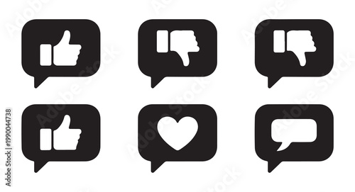 Social media feedback icons with like and dislike symbols in speech bubbles.