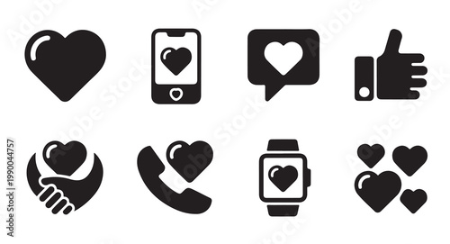Love and social media icons with hearts phone and smart watch vector graphic.