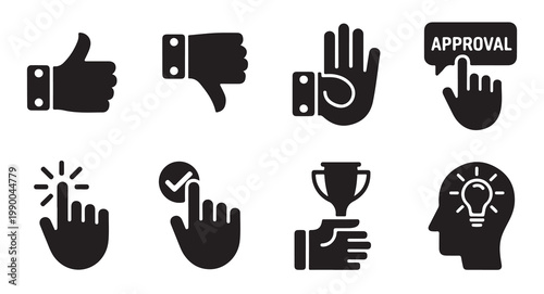 Feedback and gesture icon collection including approval rating trophy and creative idea sign.