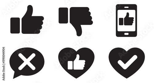 Social media icons set thumbs up and down hearts message bubble with cross mark mobile phone.