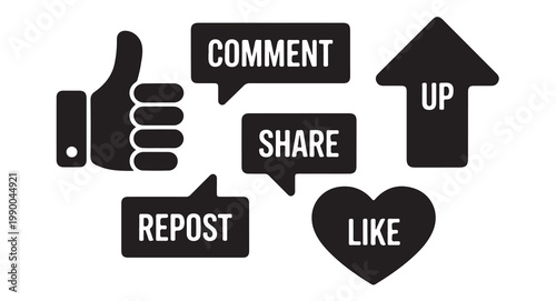 Social media interaction icons thumbs up comment share repost up arrow and heart like.