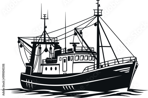  Black and White Detailed Fishing Trawler Boat on Water for Maritime, Seafood Industry, Ocean, Nautical, and Commercial Fishing Illustration Designs