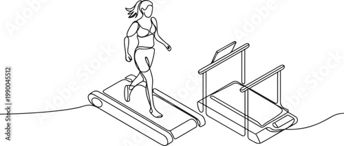 Continuous one line drawing physiotherapy rehabilitation isometric composition with woman walking on medical running machine doing exercises. one line icon drawing vector