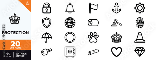 Professional set of twenty minimalist line icons representing security safety law enforcement and protection concepts