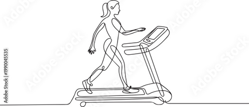 Continuous one line drawing physiotherapy rehabilitation isometric composition with woman walking on medical running machine doing exercises. one line icon drawing vector
