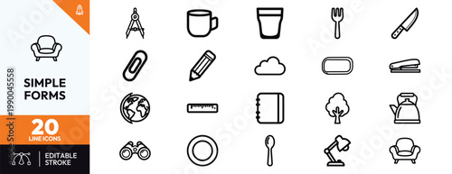 Twenty minimalist line art icons featuring everyday household items office supplies and educational tools