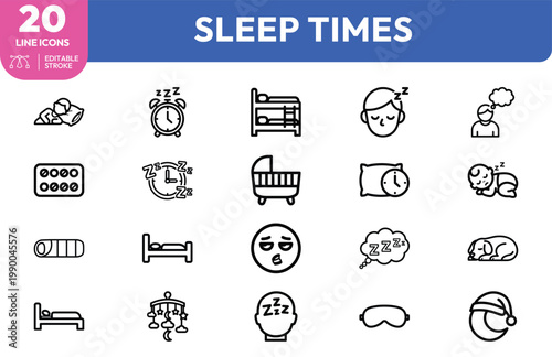 Professional collection of minimalist line icons representing various sleep concepts bedding routines and peaceful nighttime rest
