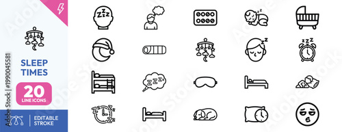 Collection of twenty professional line icons representing sleep patterns dreams bedtime routines and insomnia issues
